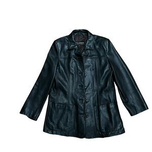 Wilsons Overcoat Size XL Womens Black Leather Long Sleeve Button Front Mid Thigh